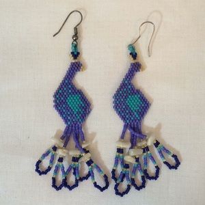 VTG Peacock Beaded Artisan Bird Blue Earrings